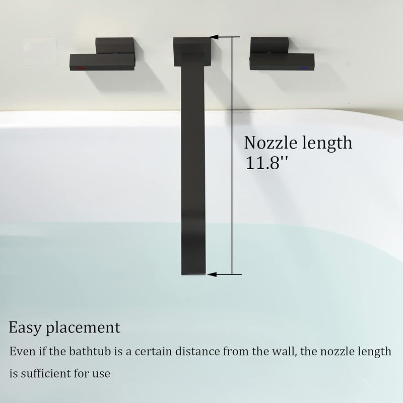 BEIYI Wall Mount Tub Filler, Matte Black Bathtub Faucet Extra Long 11.8" Bath Tub Filler Faucet High Flow 2 Handle Wall Mounted Bathtub Faucets, BY005TB - Image 3