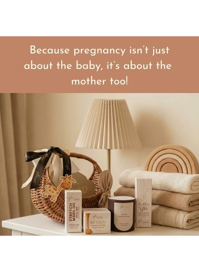 سلة هدايا "GLO Mama" للاحتفال بقدوم المولود الجديد (Baby Shower) - تشكيلة تضم أكثر من 5 مستلزمات أساسية للعناية بالأمهات أثناء الحمل: زيت دوّار (رول أون) للوقاية من علامات التمدد، شمعة لتخفيف الغثيان، بلسم/زبدة للعناية بحلمة الثدي، كريم للقدمين لتخفيف التورم والألم، كيس معطر للمساعدة على النوم، وملصق سيارة "Mama On Board" (أم حامل) - منتجات معتمدة من أطباء النساء والتوليد - هدية مثالية للأمهات والحوامل. - Image 4