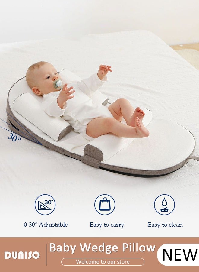 DUNISO وسادة مائلة للأطفال، وسائد سرير الأطفال، وسادة مريحة مضادة للتقيؤ، تمنع القيء والرأس المسطح، قابلة للتعديل بارتفاع 0-30° تخفف من القيء والحليب، مغص الأمعاء، عش نوم للأطفال مع حواجز جانبية - Image 1