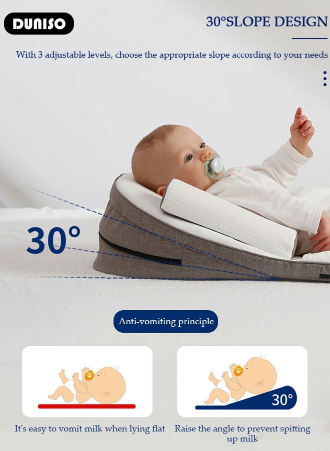 DUNISO وسادة مائلة للأطفال، وسائد سرير الأطفال، وسادة مريحة مضادة للتقيؤ، تمنع القيء والرأس المسطح، قابلة للتعديل بارتفاع 0-30° تخفف من القيء والحليب، مغص الأمعاء، عش نوم للأطفال مع حواجز جانبية - Image 3