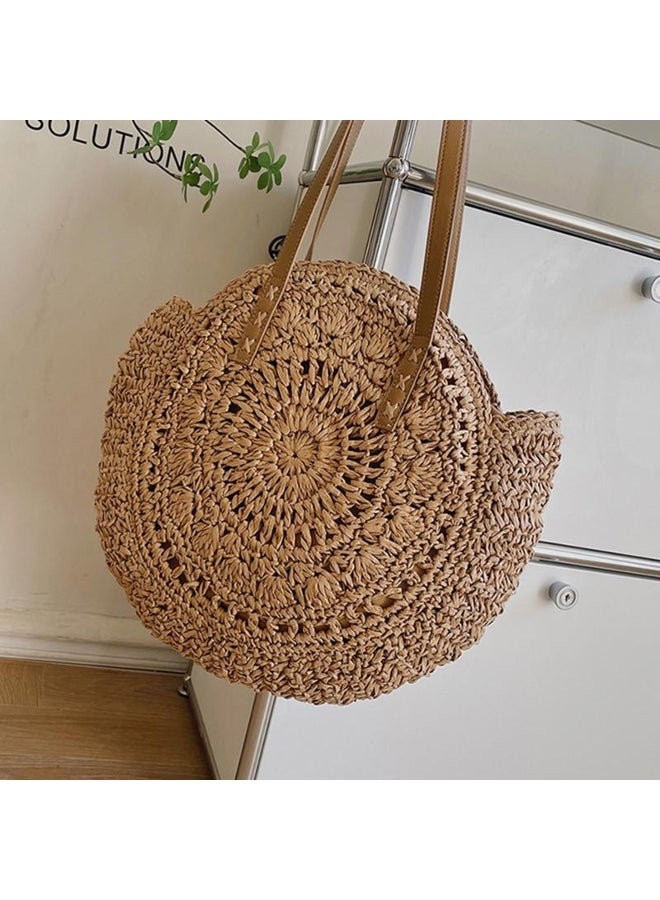 Yogodlns Yogodlns Summer Round Straw Bag For Women Vacation Woven Beach Bag Large Capacity Shoulder Bag Simple Shopping Handbag Tote sac