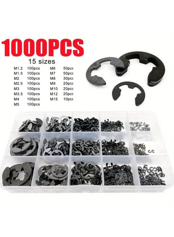 1000pcs Black Carbon Steel Washer Assortment Kit M1 2 to M15 External Retaining Ring E Clip - Image 1