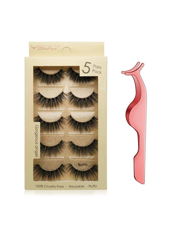 Leipple False Eyelashes 5 Pairs - Professional Reusable 3D Mink Lashes - Handmade Natural Thick Fluffy Fake Eyelashes with Stainless Steel Eyelash Tweezers (Bomb) - Image 1