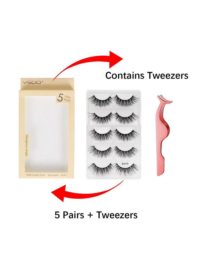 Leipple False Eyelashes 5 Pairs - Professional Reusable 3D Mink Lashes - Handmade Natural Thick Fluffy Fake Eyelashes with Stainless Steel Eyelash Tweezers (Bomb) - Image 2