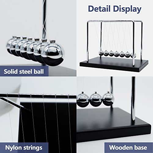 BEWITU Large Newtons Cradle Pendulum with 7 Balls, 9 inch Newtons Cradle Balance Balls, Science Physics Desk Decoration, Office Home Desk Decoration, Calm Down Fidgets (Black Wooden Base) - Image 2