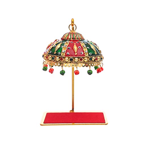 TEJ GIFTS Metal Umbrella Chhatra with Hanging Crystals (U-111) – Decorative Showpiece for God Idol, Car Dashboard, Office Table & Home Decor – Pooja Mandir Accessory - 111 - Image 1