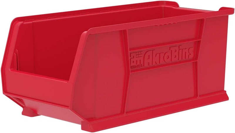 AkroMils 30287 Super-Size AkroBins Plastic Storage Bins, Space-Saving Stackable Bins for Garage, Classroom, Warehouse Organization, 24-Inch L x 11-Inch W x 10-Inch H, Red, 4-Pack - Image 1
