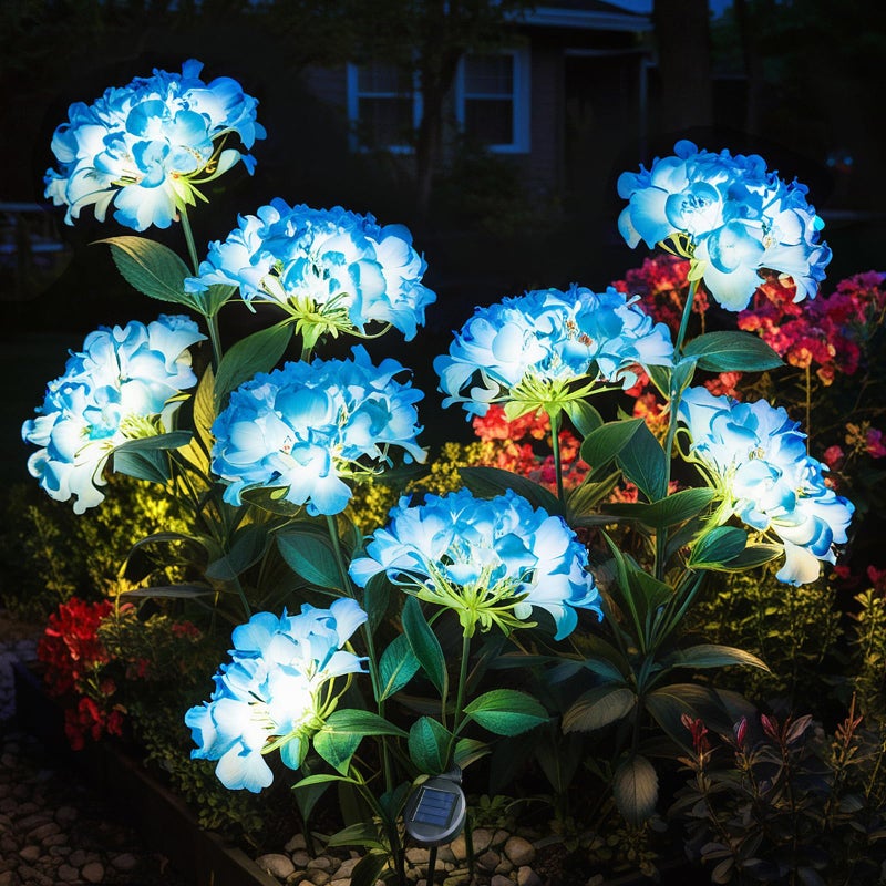 YAODEMA Garden Lights Solar Flower Light, LED Solar Powered Outdoor Light Decor for Path Yard Walkway Patio Balcony Lawn, Hydrangea Artificial Flower (Blue, 2) - Image 1