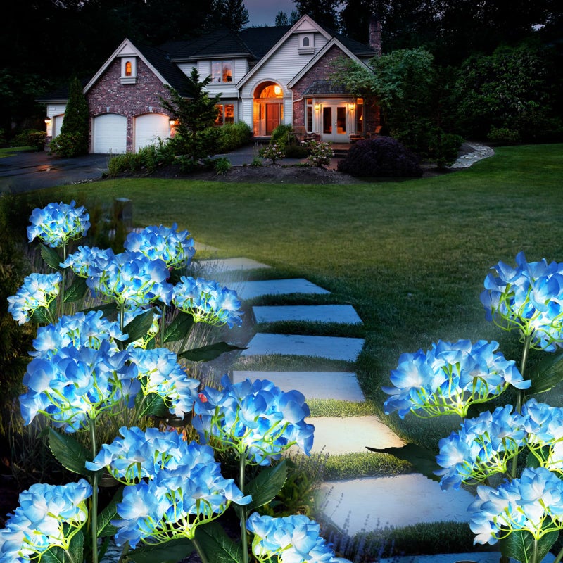 YAODEMA Garden Lights Solar Flower Light, LED Solar Powered Outdoor Light Decor for Path Yard Walkway Patio Balcony Lawn, Hydrangea Artificial Flower (Blue, 2) - Image 3