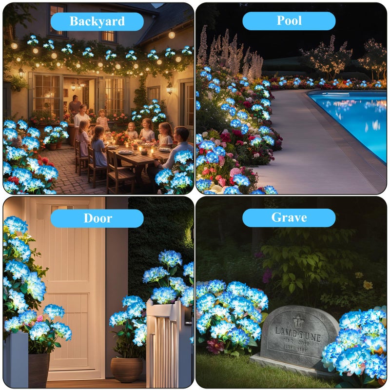 YAODEMA Garden Lights Solar Flower Light, LED Solar Powered Outdoor Light Decor for Path Yard Walkway Patio Balcony Lawn, Hydrangea Artificial Flower (Blue, 2) - Image 4