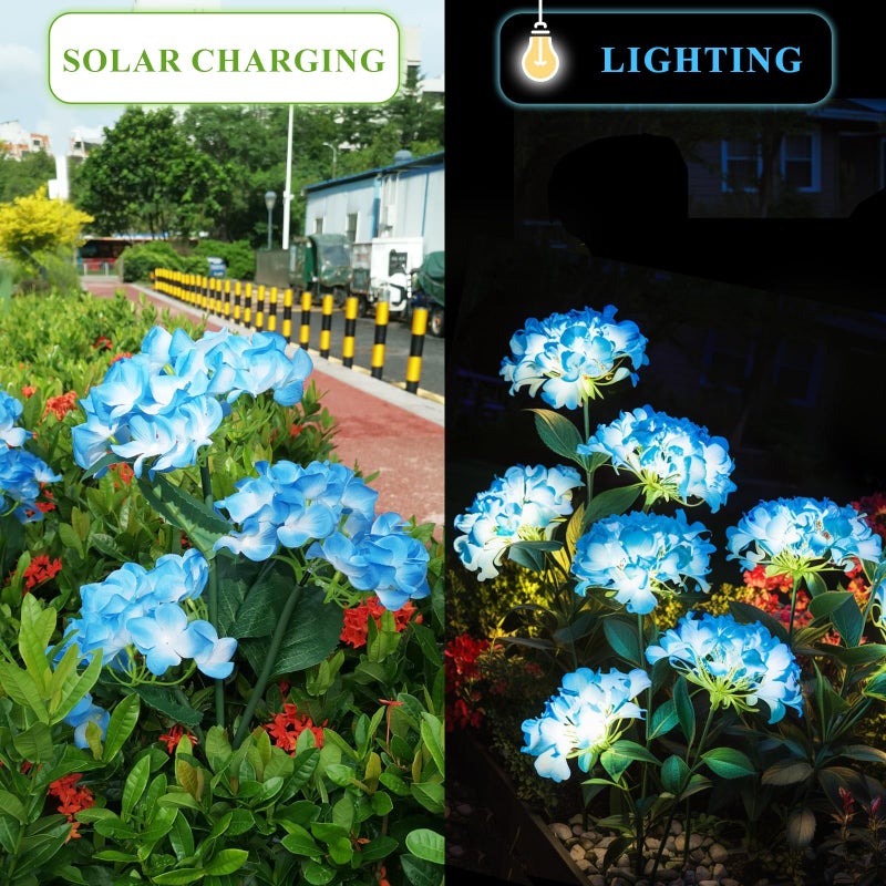 YAODEMA Garden Lights Solar Flower Light, LED Solar Powered Outdoor Light Decor for Path Yard Walkway Patio Balcony Lawn, Hydrangea Artificial Flower (Blue, 2) - Image 2