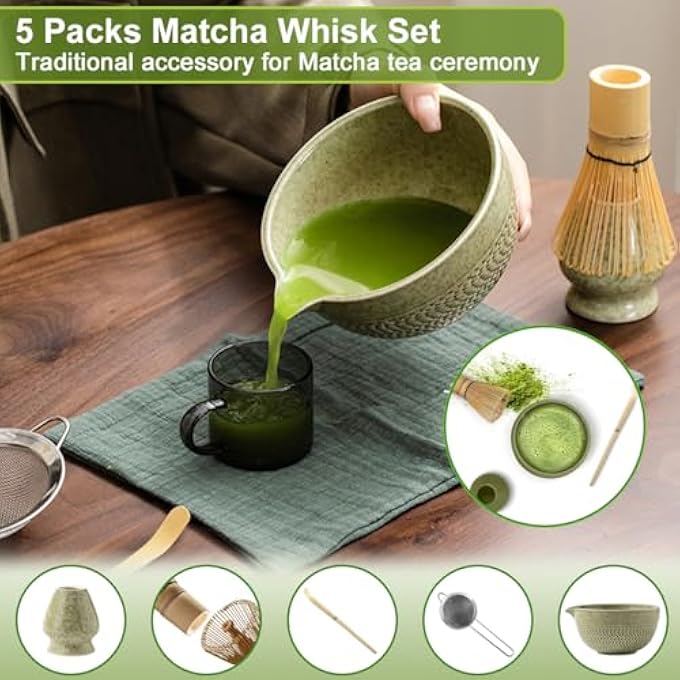 Cestbella Matcha Tea Tool Japanese Whisk Set 5Pcs Handmade Matcha Ceremony Holder Traditional Tea Making Kit Ceramic Bowl Tea Sifter Powder Whisk Bamboo Scoop Brush For Tea Lovers Home Office Gift - Image 3