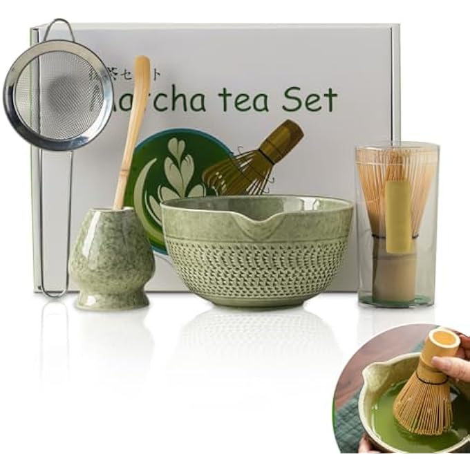 Cestbella Matcha Tea Tool Japanese Whisk Set 5Pcs Handmade Matcha Ceremony Holder Traditional Tea Making Kit Ceramic Bowl Tea Sifter Powder Whisk Bamboo Scoop Brush For Tea Lovers Home Office Gift - Image 1