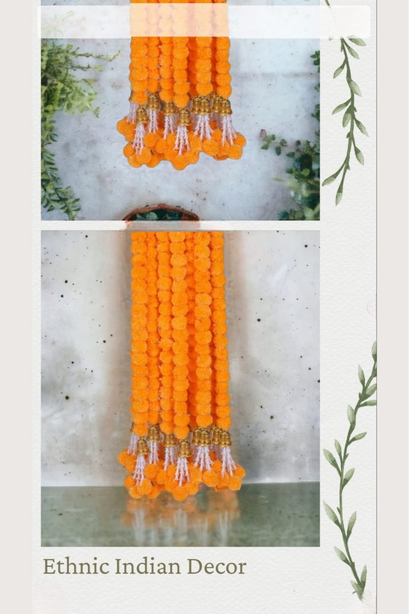 Abhaas Plastic Handmade Artificial Marigold Flower Garland Long Flower Garlands for Door Decoration Toran Genda Phool for Wedding/Festivals with Bells and Rajnignadha (5 Yellow+5Orange / 5Ft) - Image 2