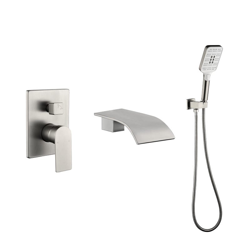 Tub Filler Faucet with Hand Shower Bath Tub Faucets with Roughin Valve Trim Kit Wall Mounted Waterfall Bathtub Faucets Brushed Nickel