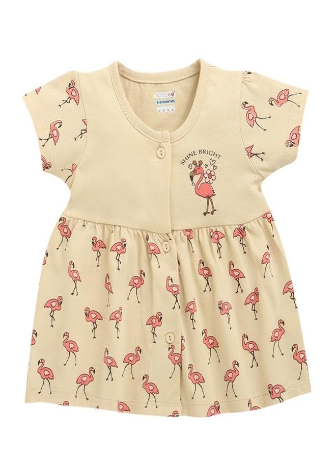 BUMZEE Baby Girls Cotton Knee Length Front Open Frock Beige - 0-3 Months - Image 1
