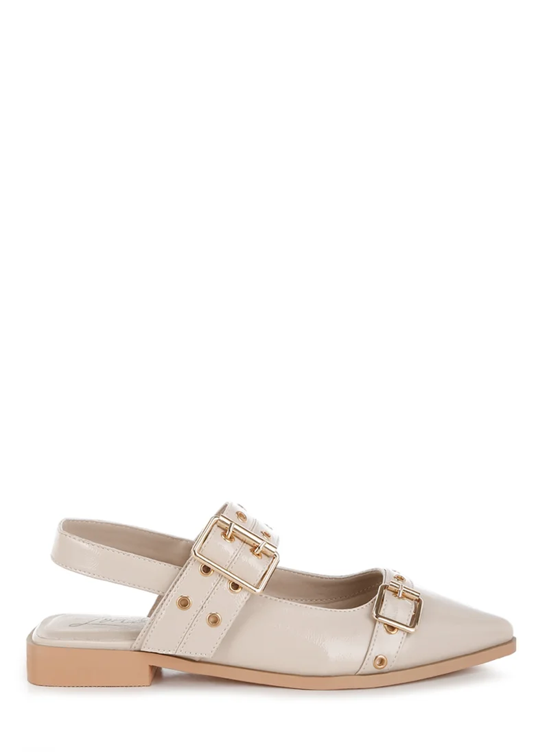 London Rag Eyelets & Buckle Detail Flats in Beige