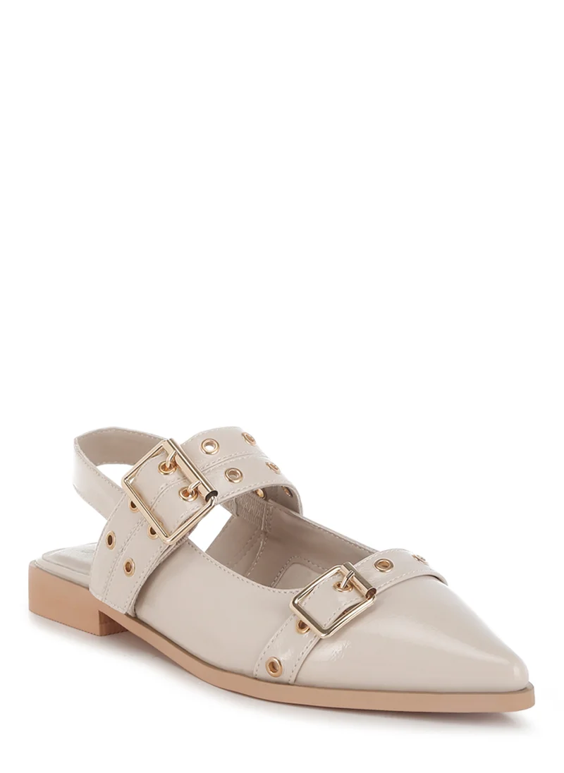 London Rag Eyelets & Buckle Detail Flats in Beige