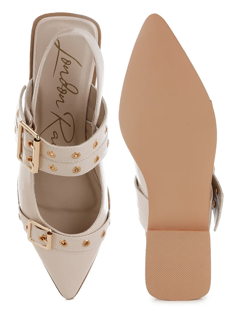 London Rag Eyelets & Buckle Detail Flats in Beige