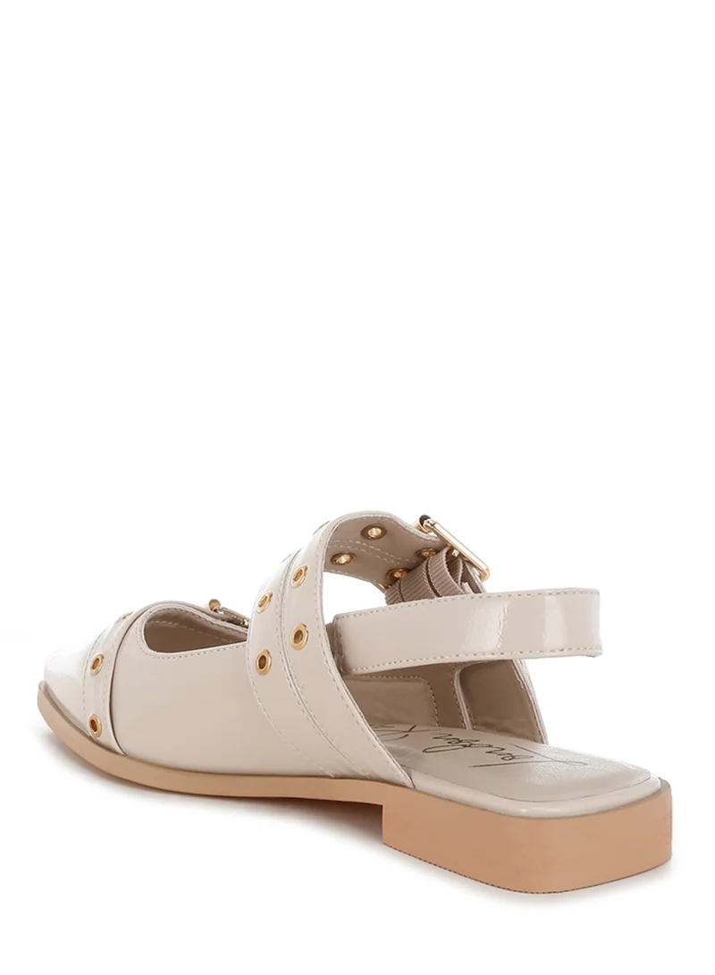 London Rag Eyelets & Buckle Detail Flats in Beige
