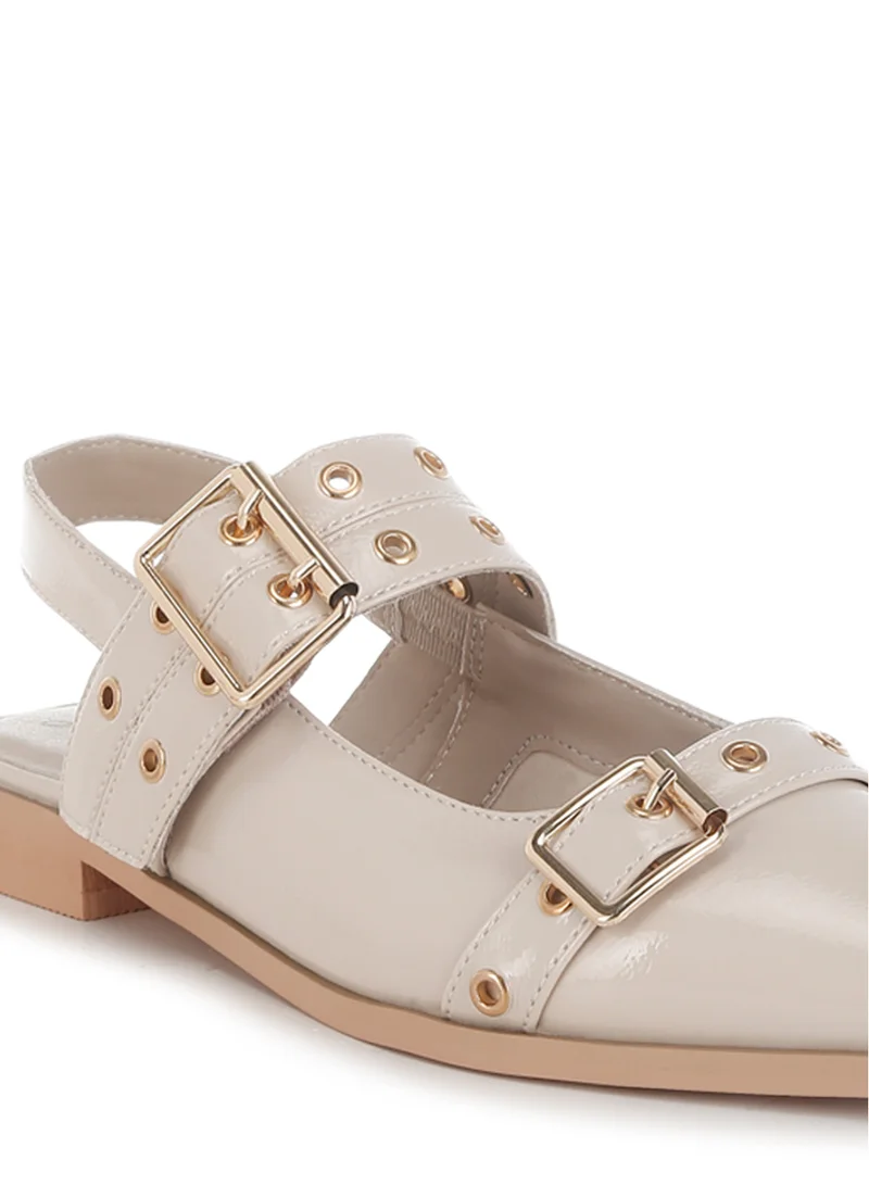 London Rag Eyelets & Buckle Detail Flats in Beige
