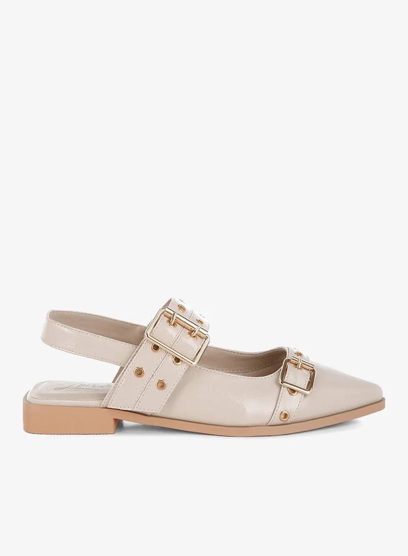 Eyelets & Buckle Detail Flats in Beige