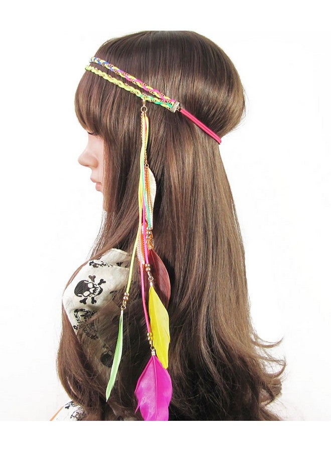 Fodattm Women Lady Bohemian Double Braided Headband Tassels Hairband Headwear Hippie Feather Headband Hair Hoop Handmade Indian Fascinator Headband Headdress Hair Bands Hair Accessories (Multicolour) - Image 1