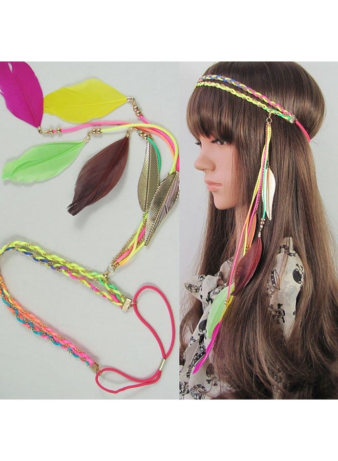 Fodattm Women Lady Bohemian Double Braided Headband Tassels Hairband Headwear Hippie Feather Headband Hair Hoop Handmade Indian Fascinator Headband Headdress Hair Bands Hair Accessories (Multicolour) - Image 2