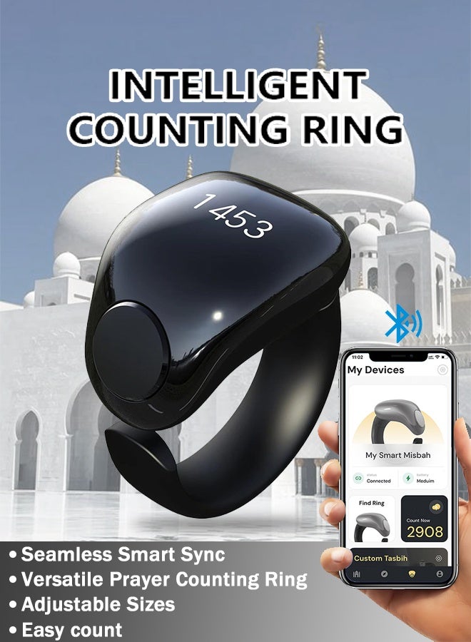 WESLAMIC Smart Tasbih Zikr Prayer Ring Adjustable Counter Digital Reminder Waterproof App Support for Muslims Black Sizes 18 20 22mm Everyday Use - Image 1