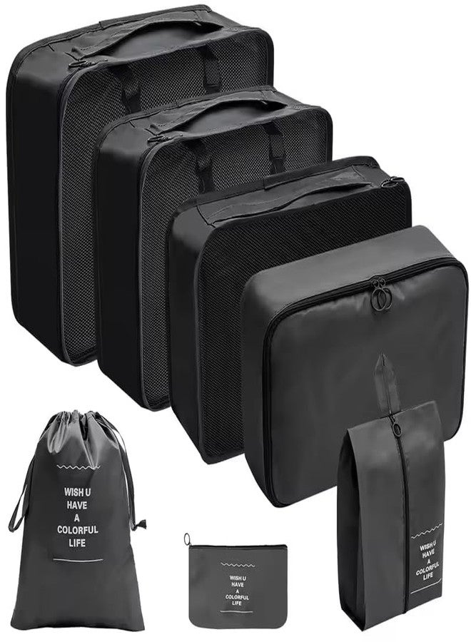 Bluwings 7 Pcs Foldable Luggage and Laundry Bag Pouch Waterproof Travel Toiletry Organizer Garment Storage Bag Portable Packing Cubes Storage Bag (1 Pc) (7 PCS-BLACK) - Image 1