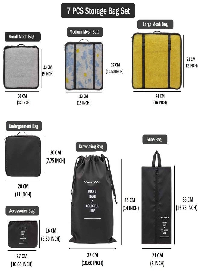 Bluwings 7 Pcs Foldable Luggage and Laundry Bag Pouch Waterproof Travel Toiletry Organizer Garment Storage Bag Portable Packing Cubes Storage Bag (1 Pc) (7 PCS-BLACK) - Image 5