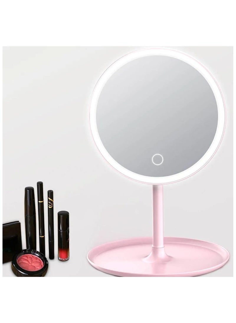 Huitich - Round Adjustable LED Makeup Mirror with Storage Tray Pink, Touch Control, Vanity Mirror - Image 1