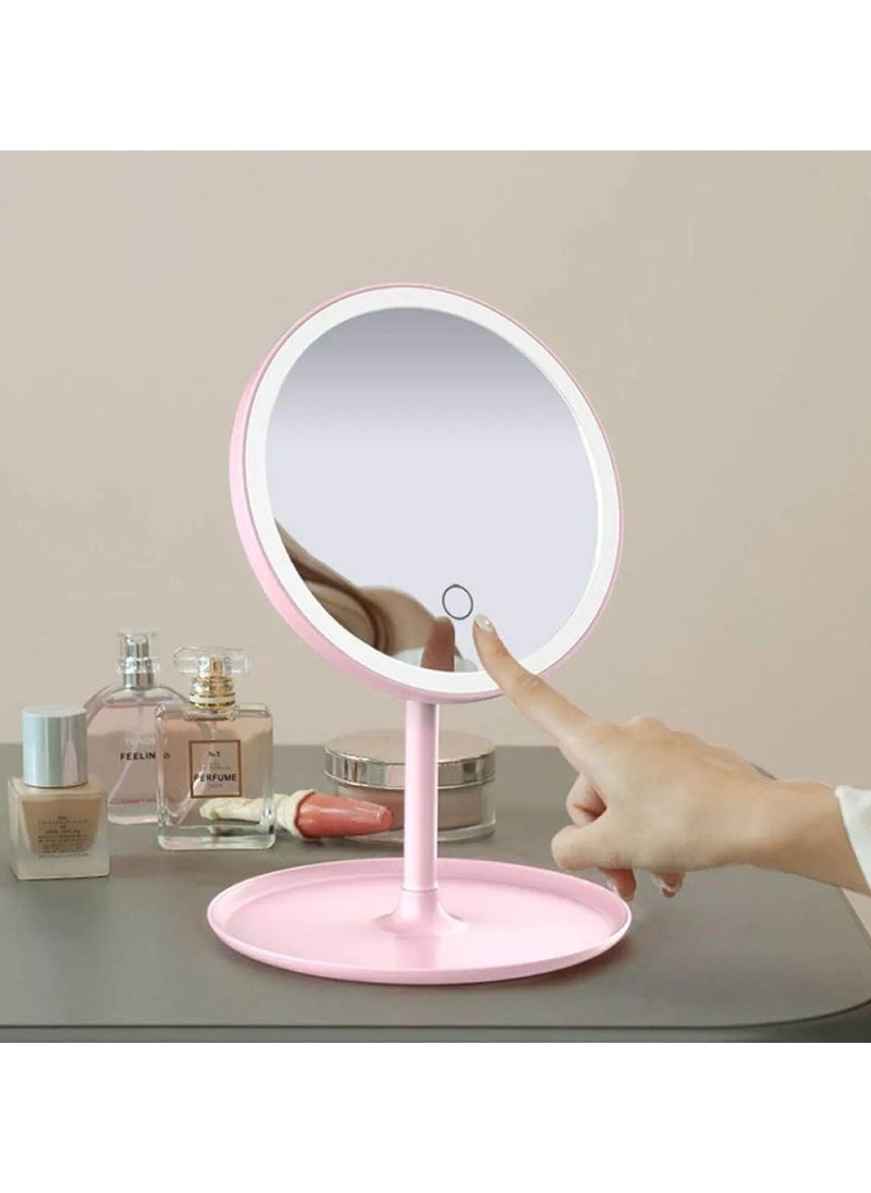 Huitich - Round Adjustable LED Makeup Mirror with Storage Tray Pink, Touch Control, Vanity Mirror - Image 1