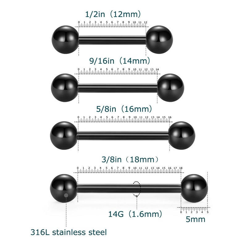 VCMART Nipple Rings Tongue Rings Stainless Steel Straight 14G Barbells Piercing Jewelry Black 12mm,14mm,16mm,18mm - Image 3