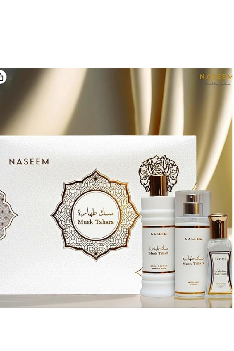 Original Naseem Musk Tahara set consisting of perfume, body splash spray