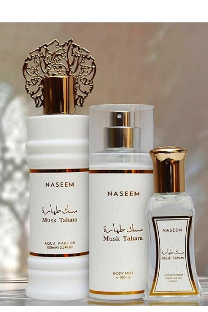 Original Naseem Musk Tahara set consisting of perfume, body splash spray