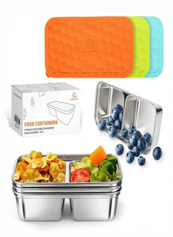 MACTANO 3 Pack Stainless Steel Snack Containers with Leak-Proof Lids, 15 OZ Double Compartment Dishwasher Safe Food Storage for School Office Travel - Image 1
