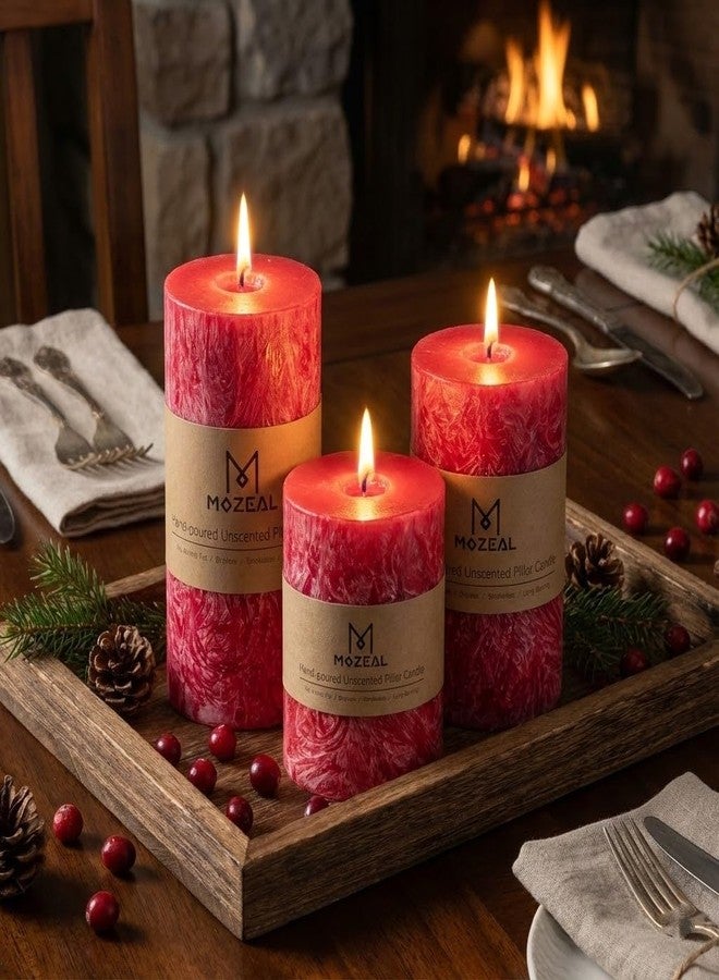 MOZEAL Hand-Poured, Unscented Red Crystal Pillar Decorative Candles, Elegant Set of 3 in Different Sizes (3"x4", 3"x5", 3"x6"), Luxurious Décor for Christmas Homes & Events - Image 3