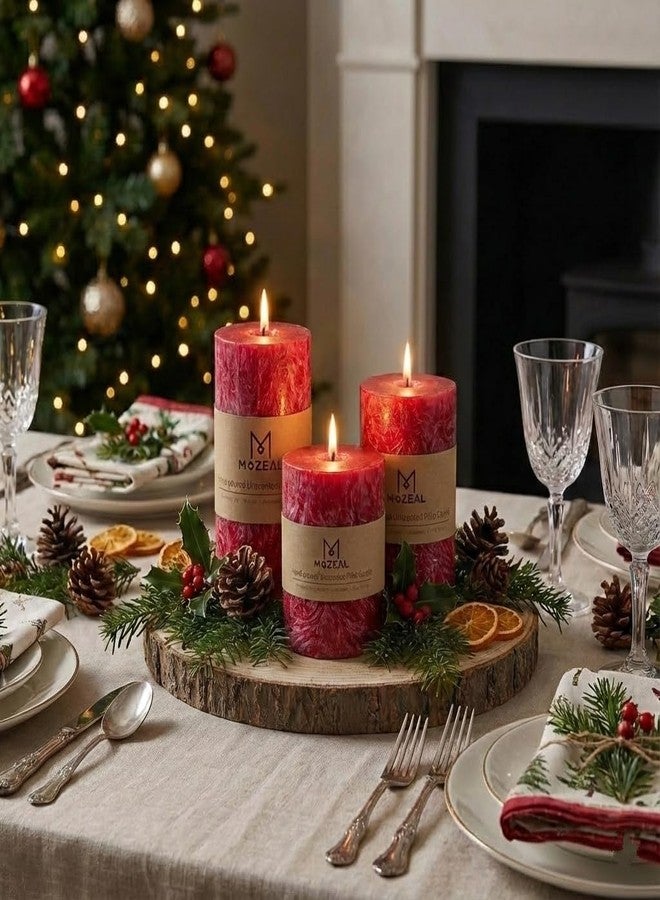 MOZEAL Hand-Poured, Unscented Red Crystal Pillar Decorative Candles, Elegant Set of 3 in Different Sizes (3"x4", 3"x5", 3"x6"), Luxurious Décor for Christmas Homes & Events - Image 5