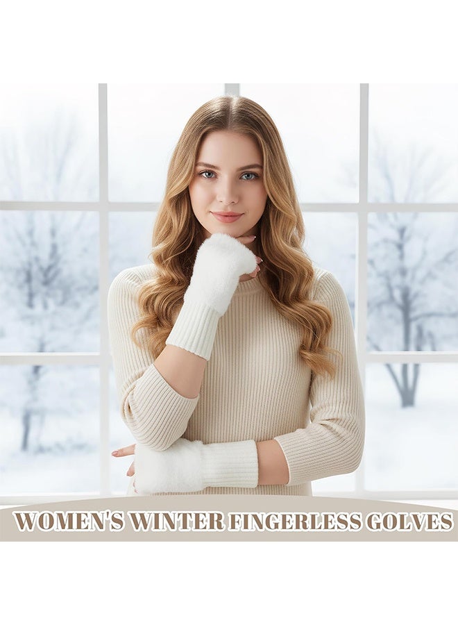 Fur Arm Warmers White Fuzzy Gloves for Women Warm Fingerless , Winter Gloves Arm Sleeves - Image 3