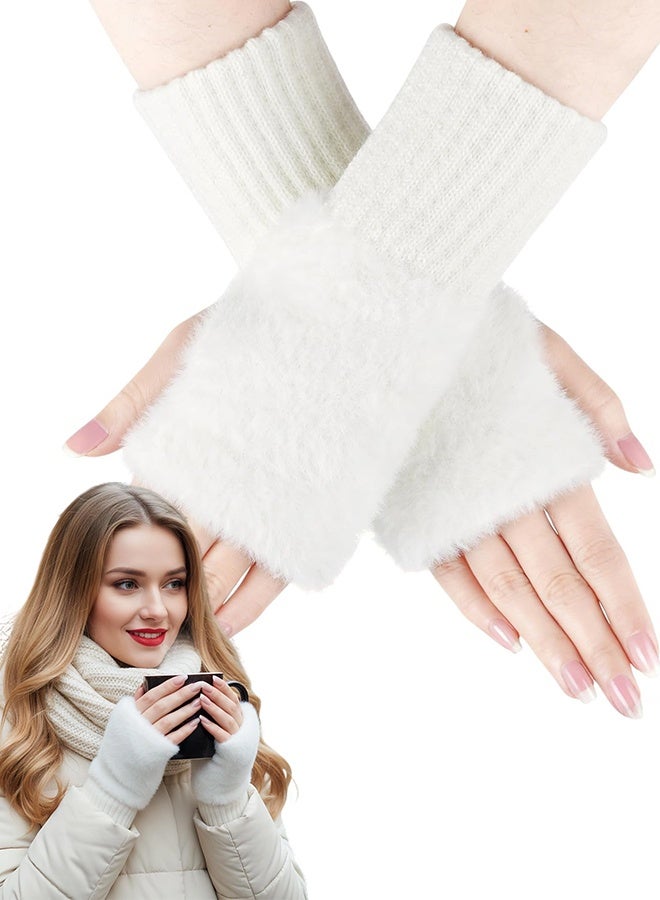 Fur Arm Warmers White Fuzzy Gloves for Women Warm Fingerless , Winter Gloves Arm Sleeves - Image 1