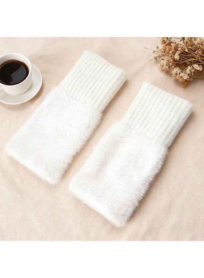 Fur Arm Warmers White Fuzzy Gloves for Women Warm Fingerless , Winter Gloves Arm Sleeves - Image 5