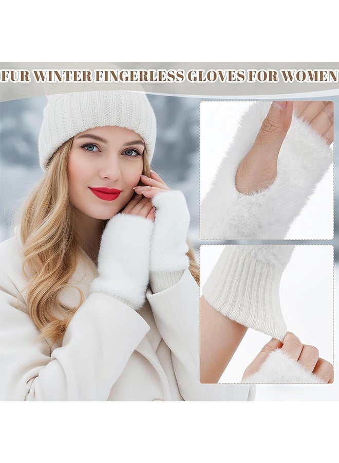 Fur Arm Warmers White Fuzzy Gloves for Women Warm Fingerless , Winter Gloves Arm Sleeves - Image 4