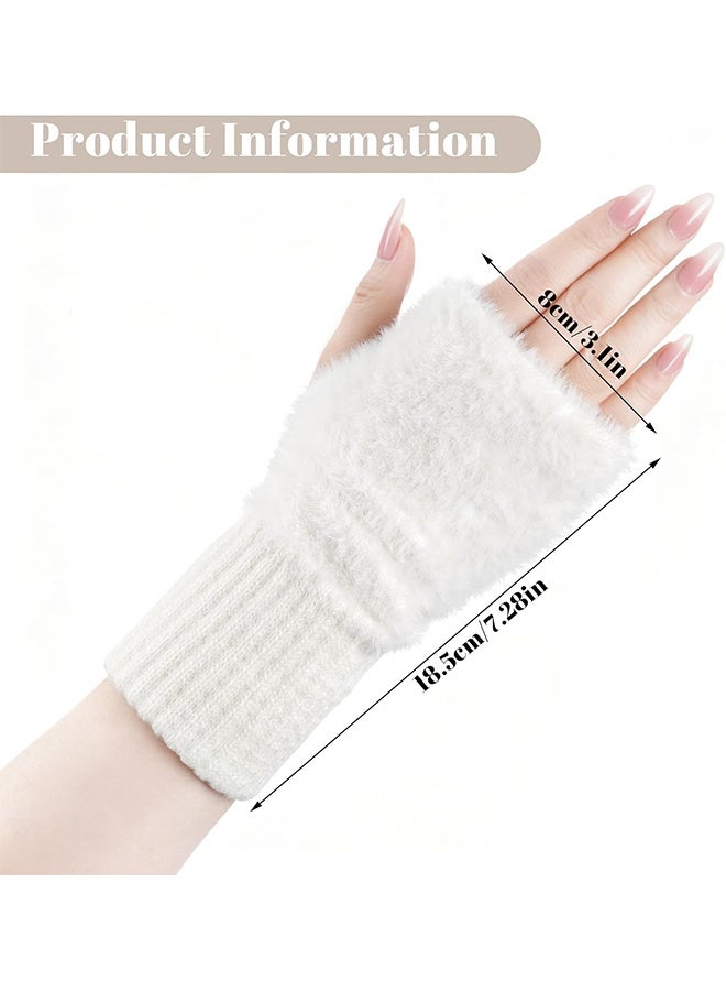 Fur Arm Warmers White Fuzzy Gloves for Women Warm Fingerless , Winter Gloves Arm Sleeves - Image 2