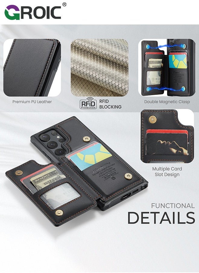 GROIC - Samsung Galaxy S24 Ultra Black Case with Card Holder, for Samsung S24 Ultra Wallet Case for Women Men with RFID Blocking, Durable Kickstand Shockproof Phone Case for Galaxy S24 Ultra 5G - Image 1