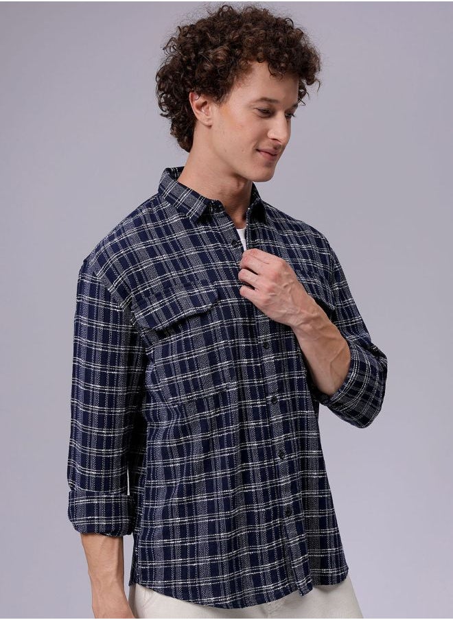 The Indian Garage Co Men Relaxed Fit Checkered Full Sleeves Cutaway Collar Double Flap Pocket Resort Wear Shirt  - Image 3