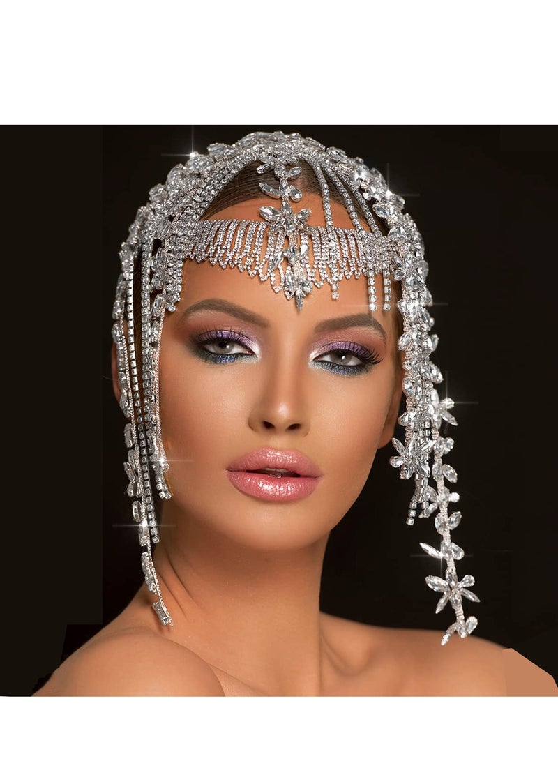 إسكدنيا Rhinestone Headpiece, 1920s Crystal Flapper Cap Headpiece Bridal Beaded Belly Dance Tassel Head Chain Women Hair Accessories for Women - Image 1