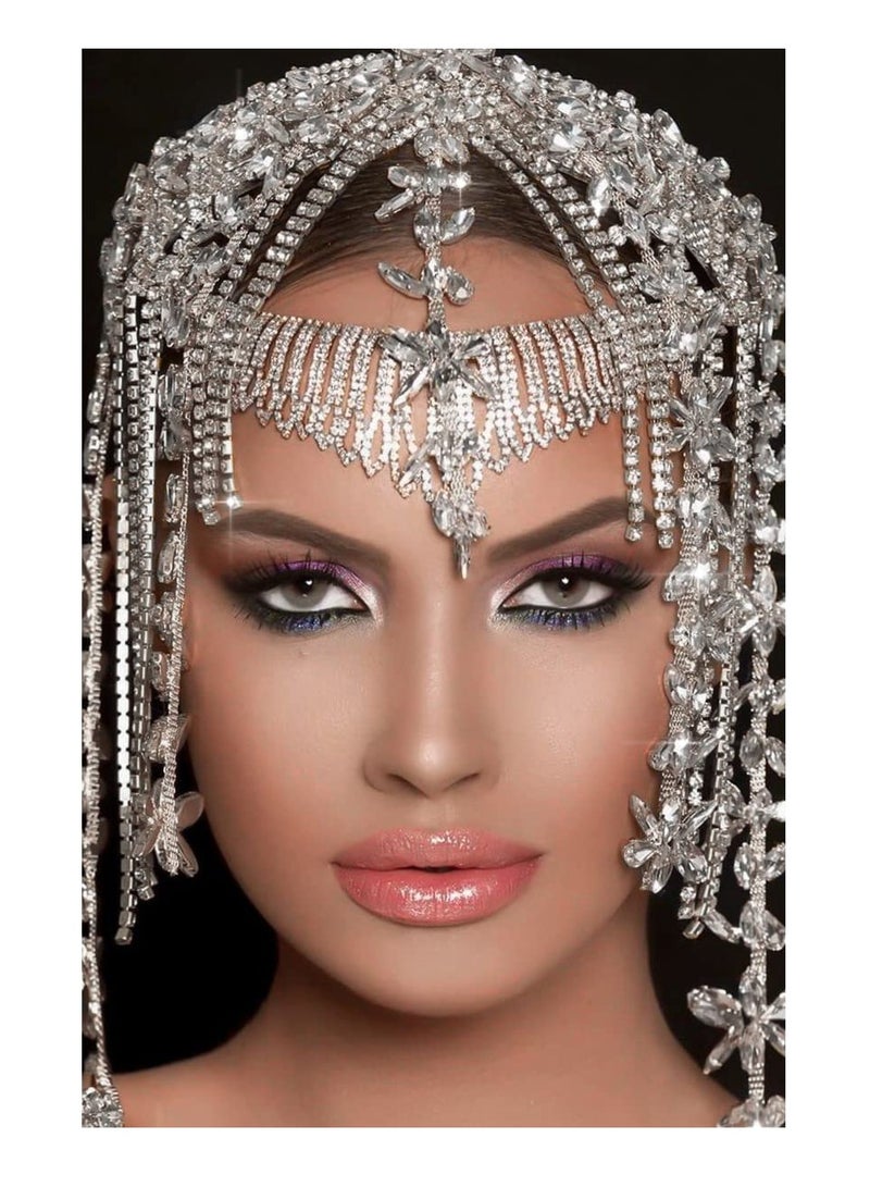 إسكدنيا Rhinestone Headpiece, 1920s Crystal Flapper Cap Headpiece Bridal Beaded Belly Dance Tassel Head Chain Women Hair Accessories for Women - Image 3