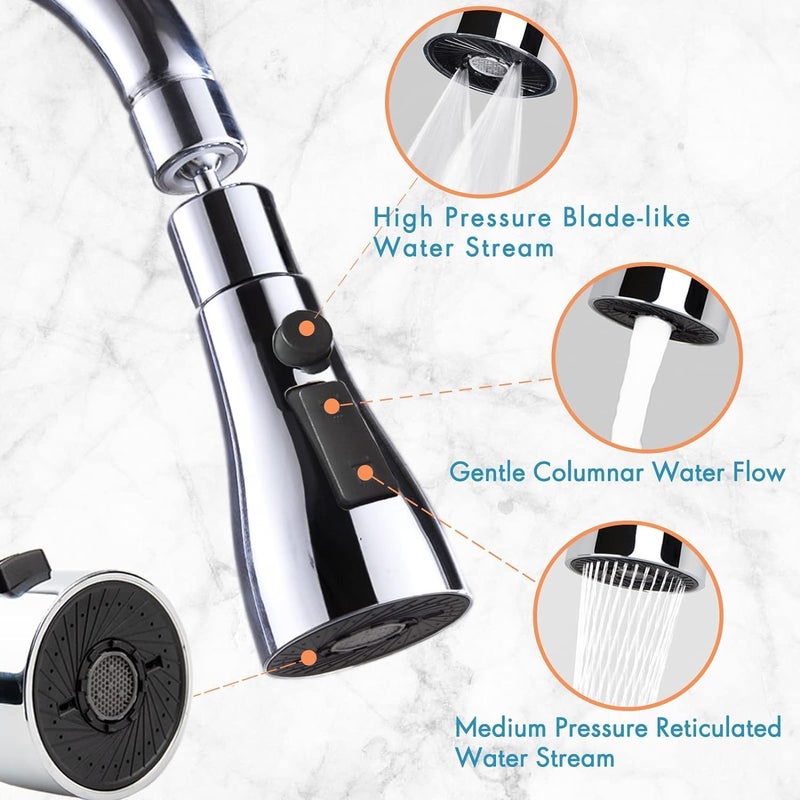 Rylan Universal Kitchen Faucet 3Function Pull Down Sink Sprayer Attachment for Faucet Pull Out Spray Head Big Angle Rotatable Anti Splash Faucet for Kitchen Rotating Sink Faucet Aerator Silver - Image 4