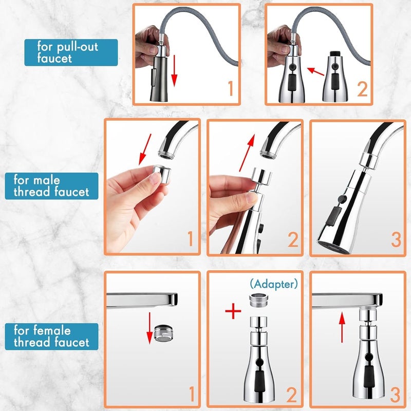 Rylan Universal Kitchen Faucet 3Function Pull Down Sink Sprayer Attachment for Faucet Pull Out Spray Head Big Angle Rotatable Anti Splash Faucet for Kitchen Rotating Sink Faucet Aerator Silver - Image 5